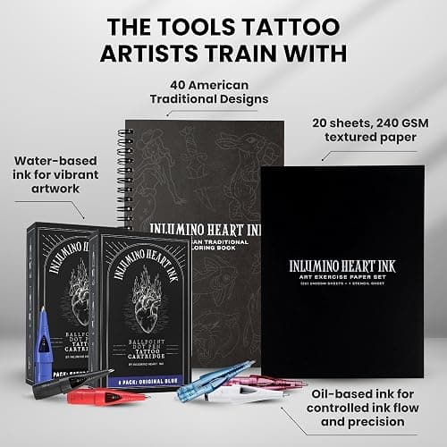 Tattoo Practice Pen by Inlumino Heart Ink – Wireless Rotary Dot Pen Machine with 8 Black Ballpoint Cartridges – Electric Tattoo Training Tool with 2 Batteries & Magnetic Carry Case thumbnail 8