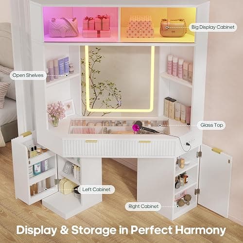 HAUOMS Corner Vanity, with Bag Showcase, LED Lights, Fluted Wood Luxury Makeup Vanity Desk with Mirror, Big Dressing Table with Glass Top, Cabinets, Shelves, Drawers, Charging Station, White thumbnail 3