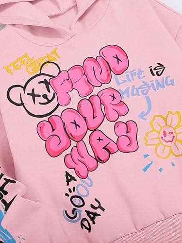 WDIRARA Girl's Cartoon Letter Graphic Hoodie Drop Shoulder Long Sleeve Pullover Sweatshirt thumbnail 3