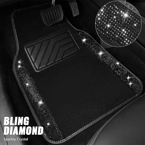 CAR PASS Bling Diamond Leather Steering Wheel Cover 14.5in-15in Floor Mats Shining Rhinestone Carpet Sparkly Glitter Crystal Anti-Slip Pad Fit Automotive SUV Pickup Truck Girl Women, 5pcs Black thumbnail 2