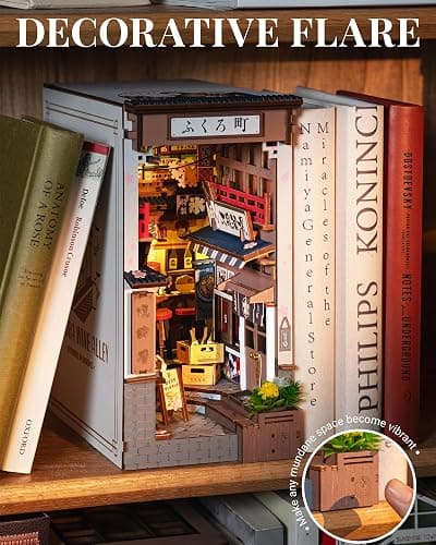 ROBOTIME Book Nook Kit DIY Miniature House Kit for Adults 3D Wooden Puzzle Bookends Bookshelf Diorama Insert Dollhouse Creative Decorative Unique Gifts for Teens and Beginners (Sakura Wine Alley) thumbnail 6