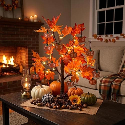 hogardeck Fall Decorations for Home, Thanksgiving Decorations, 24”2FT Lighted Maple Leaves Tree with 24 LEDs & 12 Wood Pumpkin Ornaments, Battery Powered Timer Artificial Trees for Autumn Table Decor thumbnail 3