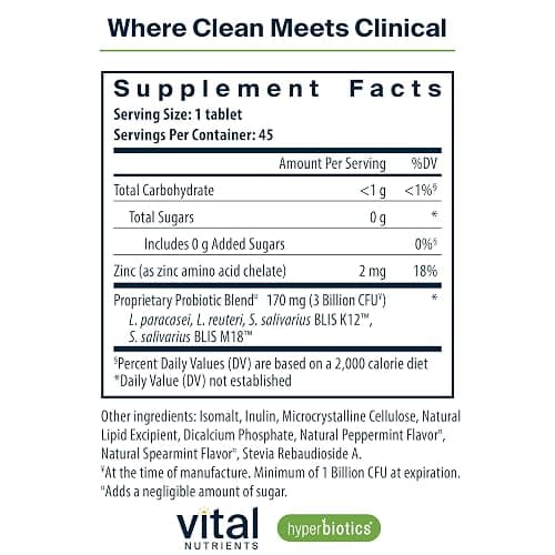 Hyperbiotics Vital Nutrients Pro Dental Probiotic | Clinically Studied BLIS K12 and M18 | Oral Probiotics for Bad Breath treatment for adults | Oral Health for teeth and gums | 45 Mint Tablets thumbnail 2