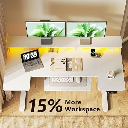 OffiGo U Shaped Electric Standing Desk with Keyboard Tray, 55 Inch Height Adjustable Desk with Power Outlets & LED Lights, Sit Stand Table with Monitor Stand for Home, Office, White thumbnail 5
