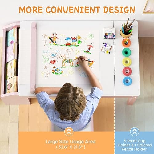 5-in-1 Kids Art Table and Chairs, Wood Toddler Table and Chair Set with Storage Drawers, Craft Play Desk for Kids, Convertible Art Easel with Paper Roll Holder, Children Activity Learning Center-Pink thumbnail 5