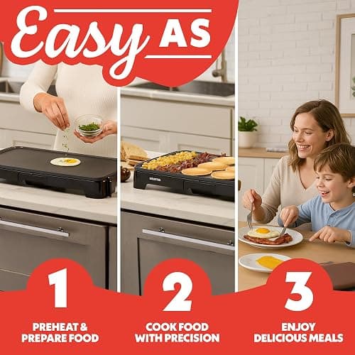 Gourmia 22-Inch XL Electric Griddle Pan - Nonstick Extra Large Ceramic Surface for Breakfast, Pancakes - Non-Toxic Flat Top Cooker - Countertop Kitchen Appliances for Tabletop Indoor Cooking thumbnail 8