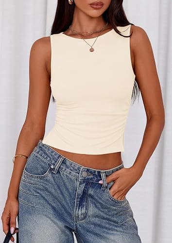 PRETTYGARDEN Women Going Out Tops Summer Clothes 2025 Trendy Split Hem Ruched Sleeveless Shirt Cute Y2K Tank Top thumbnail 3