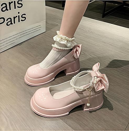 Frauen Lolita Schuhe Absatz Mary Jane Spitze Pumps mit Schleife Kawaii Nette Cosplay Keil Stiefel Cross Strap Block Heel Süße Art thumbnail 3