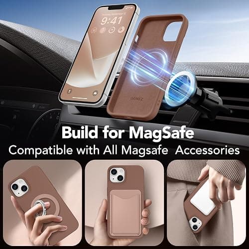 GONEZ Magnetic for iPhone 14 Case, Compatible with Magsafe, with Screen Protector + Camera Protector, Anti-Scratch Microfiber Lining, Liquid Silicone Shockproof Protective Phone Case, Brown thumbnail 4