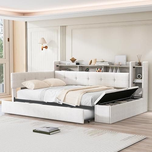 Upholstered Corner Day Bed Frame with Trundle, Footstool and Drawers, Beige | Modern floor upholstery daybed with l shape button tufted headboard, bookshelf, charging station and LED light - Image 1