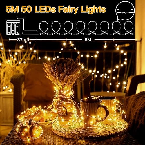 Hopexy 5M 50 LEDs Fairy Lights Battery Operated, Micro Copper Wire Bright Lighting String Light Battery Power for Gift Wrapping, Bottle, Wedding, Party for Indoor and Outdoor Decorations (Warm White) thumbnail 2