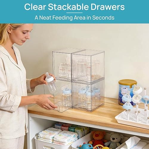 Vtopmart 7.6" H Clear Stackable Storage Drawers, 4 Pack Plastic Organizers Bins for Skincare, Cosmetics,Beauty Supplies,Ideal for Vanity, Bathroom,Kitchen Countertop,Cabinet Organization thumbnail 3