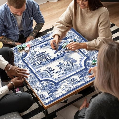 NATSUNO Blue Chinoiserie Pavilion Mahjong Mat (31.5″x31.5″), Traditional Asian Oriental Chinese Non-Slip Noise Reduction Mahjong Table Mat for American Mah Jong Poker Board Games Card Games Dominoes thumbnail 5