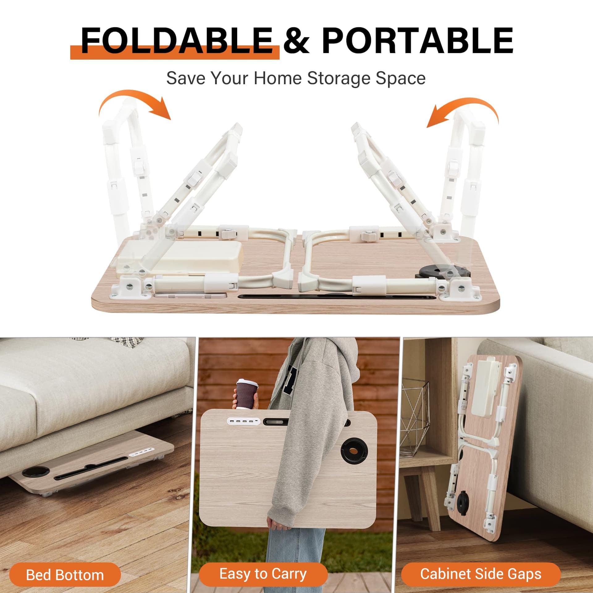 Laptop Desk for Bed Height Adjustable, Lap Bed Table with USB/Storage Drawer/Cup Holder/Tablet Stand/Book Shelf, Foldable Breakfast Tray Portable for Reading Writing, Sofa & Floor, Glacier thumbnail 7
