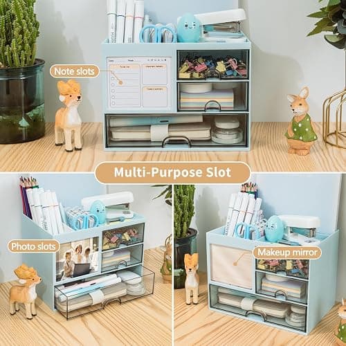 QIYVLOS Desk Organizer with 3 Drawer, Multi-Functional Pencil Pen Holder for Desk, Desk Organizers and Storage with 8 Compartments, Desktop Organizer for Office Home Art Supplies (Blue) thumbnail 7