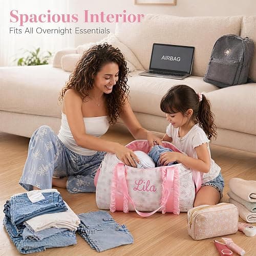 Personalized Custom Embroidered Ruffle Duffle Bag for Teen Girls | Custom name embroidery, cute ruffle trim, large duffle bag for sleepovers, school, trips. Lightweight 0.8lb, water-resistant thumbnail 2
