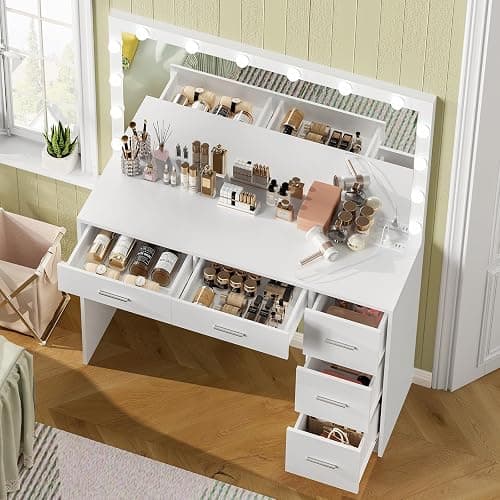 usikey 47.2" Large Vanity Desk with Lighted Mirror, 14 Lights, Makeup Vanity Table with 5 Large Drawers & Charging Station, Makeup Vanity Desk, Vanity Table Set for Bedroom, White thumbnail 3