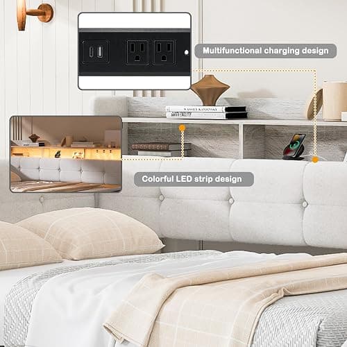 Upholstered Corner Day Bed Frame with Trundle, Footstool and Drawers, Beige | Modern floor upholstery daybed with l shape button tufted headboard, bookshelf, charging station and LED light thumbnail 4