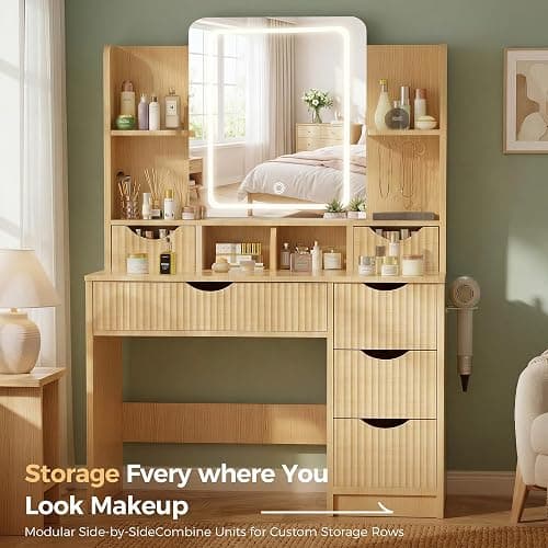 Vanity Desk with Mirror and Lights, Makeup Vanity Table with Large 6 Drawers Modern Fluted Wooden Dressing Table with Jewelry Hook 3 Color Modes Adjustable LED Mirror for Women Girls Bedroom or Dorm thumbnail 5