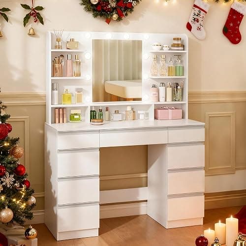 Hzuaneri Dressing Table with Bulb Light, Vanity Desk with 1 Large Drawer and 8 Small Drawer Cabinets, Adjustable Brightness, Large HD Mirror, 9 Open Storage Areas, White DT35703W thumbnail 3