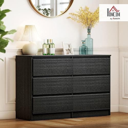 HOMCOM 6 Drawer Dresser for Bedroom, Wide Chest of Drawers, Modern Clothes Storage Organizer for Living Room, Hallway, Black thumbnail 2