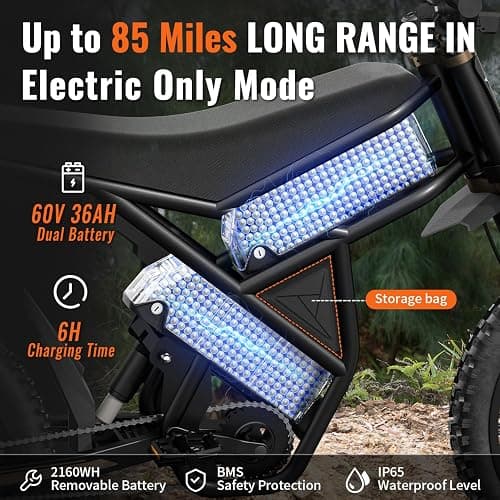 Riding'times GT73 PRO Electric Dirt Bike for Adults, Upgraded 3000W 60V 50MPH 36AH Dual Battery Ebike Up to 85 Miles, 25" Motorcycle Tire, UL2849 All Terrain for Mountains, Snow, Sand thumbnail 4