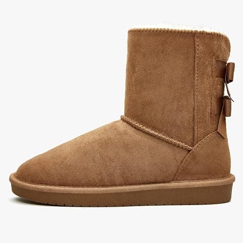 BlackTwig Women's Mid Calf Suede Winter Boots, Slip-On Snow Boots, Cozy Fur Lined, Back Bow Design thumbnail 4