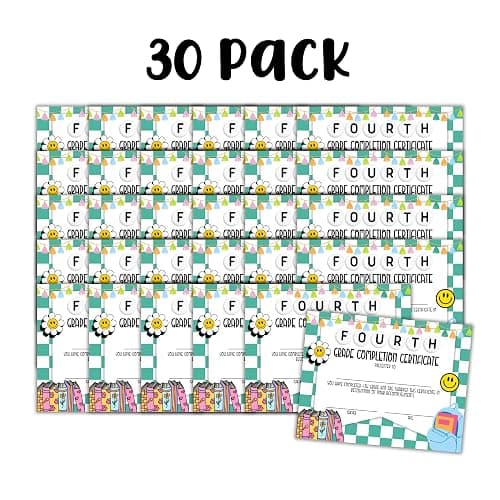 Fourth 4th Grade Certificate of Completion Graduation Diploma 30pk 8.5x11” 90’s Seed Friendship Bracelet Checkered Neutral Award Theme Trendy Minimalist thumbnail 4