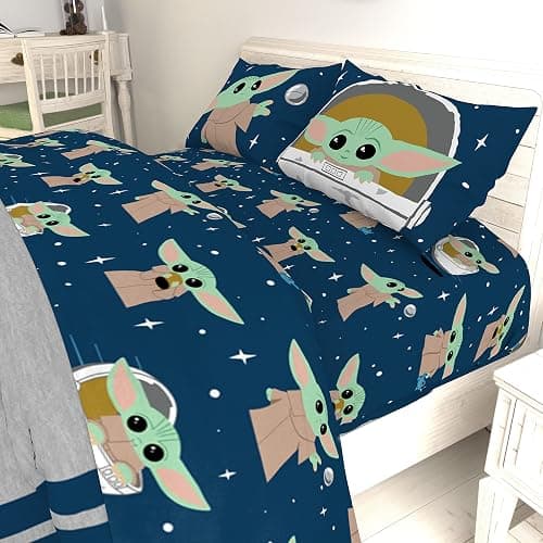 Jay Franco Kids Sheet Set with Fitted, Flat Sheets & Pillow Cover - Ultra-Soft Bedding with Pillowcase for Room Decor, Blue - Mandalorian, 4 Piece Queen thumbnail 2