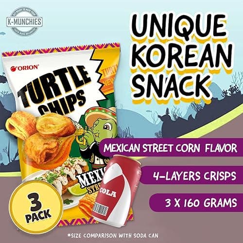 K-Munchies Orion Turtle Chips - Large 3 x 160-gram Mexican Street Corn Flavor Korean Chips - Big Bag Party Size Savory, Tasty, Crispy Korean Corn Snacks - Bite-Sized, On-The-Go Korean Snack for Family thumbnail 2