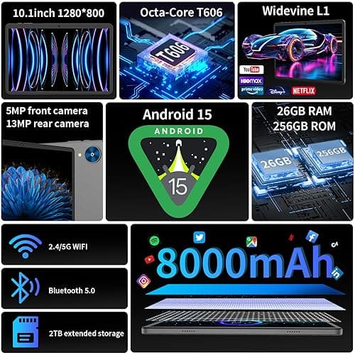 YLEEBG Android 15 Tablet with Keyboard, 26GB+256GB(2TB Expand), 10.1 Inch Tablet 8000 mAh Battery, BT 5.0, 5G WiFi, Widevine L1, Dual Camera, 2 in 1 Tab with Mouse, Case, Stylus（Silver Case） thumbnail 3