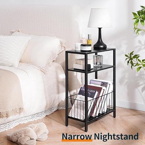 Yoobure Narrow Side Table with Storage Basket, Small End Table for Small Spaces, Skinny Side Tables Living Room Bedroom Office, Slim Nightstand 3 Tier Bedside Table Space-Saving for Magazine, Black thumbnail 5
