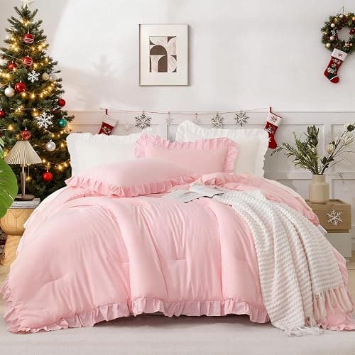 Andency Pink Comforter Set Full, 3 Pieces Lightweight Soft Rustic Pink Ruffle Comforter Women Girls, Solid Farmhouse Shabby Chic Microfiber Bedding Comforter Set thumbnail 2