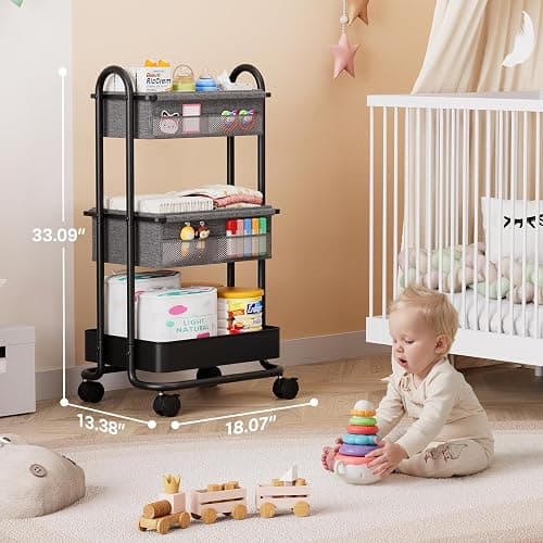 Baby Diaper Caddy Organizer Cart - 3 Tier Rolling Storage Cart with Wheels, Baby Essentials for Nursery Storage, Detachable Dividers - for Crib, Bedroom, Art & Craft Organizer (Dark Grey) thumbnail 3