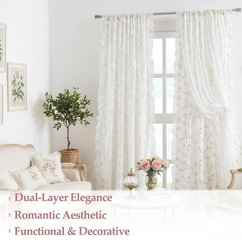 ZJDECOR Vintage Floral Curtains with Lace Sheer Overlay 84 Inch,Pink Flower on White Not-See-Through Sheer Drapes Lace Ruffle Edge,Shabby Chic Window Treatment for Bedroom Living Room,Rod Pocket,Pink thumbnail 4