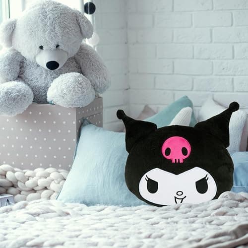 Hello Kitty Sanrio Plush Cushion Pillow, Plush Throw Pillow Fluffy Cushion Kawaii Decor Cinnamoroll Kuromi, Gifts for Teens, Women (Black Kuromi, L12.4 x W11) thumbnail 2