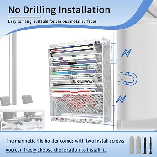 LQPAFZ 7 Tier Magnetic File Holder, No Drilling Wall File Organizer for File Cabinets Whiteboard Refrigerator,Office,Classroom, Hanging Paper Folder Holder, White thumbnail 4