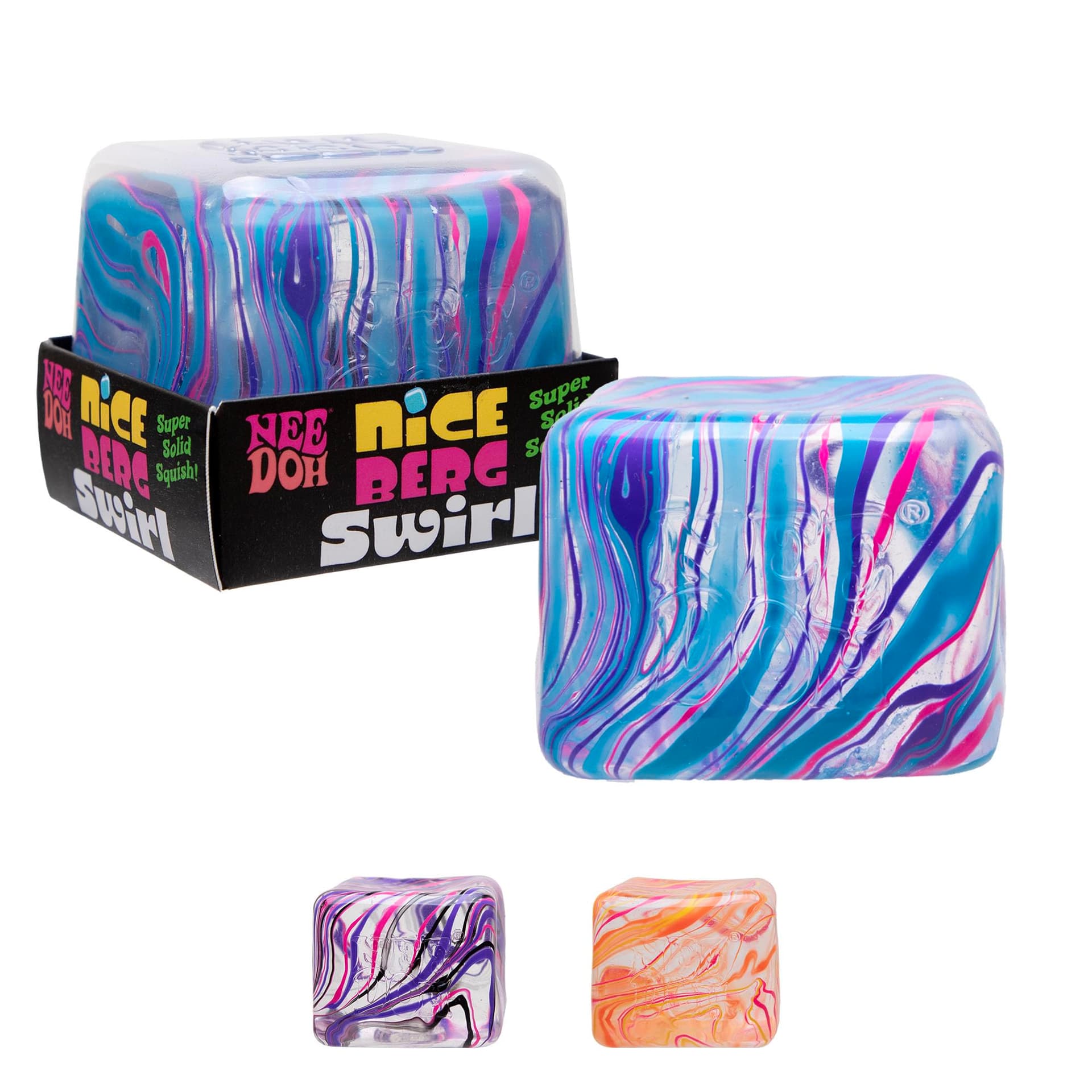 Needoh Nice Berg Swirl, Assorted Colours - Super-Sized Solid Squish, Unique Marbled Colour Blend, Returns to Square Shape After Squeeze, Tactile Sensory Fun, Ideal Stress Relief - Image 1