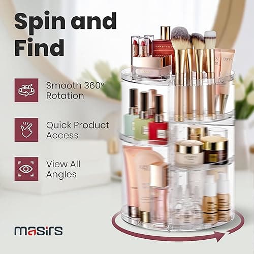 Masirs 360 Rotating Makeup Organizer Countertop - Adjustable Shelf Height - The Perfect Round Spinning Cosmetic Organizer for Bedroom Dresser or Vanity Countertop Storage (Clear) thumbnail 6