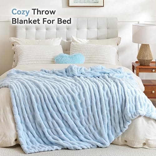 Smoofy Light Blue Throw Blanket for Couch – Ultra Soft Cozy Plush Fluffy Blanket with Faux Rabbit Fur, Fuzzy Lightweight Fleece for Sofa, Bed & Office, Gift for Women, Home Room Decor Throw 50"x 60" thumbnail 5