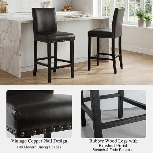 Upholstered Counter Height Bar Stools with Nailhead Trim, 24 Inch Seat Height, Solid Wood Frame, 300 LBS Weight Capacity, PU Leather & Fabric Options for Kitchen Island, Dining Room, Bar (Brown, 4pcs) thumbnail 5