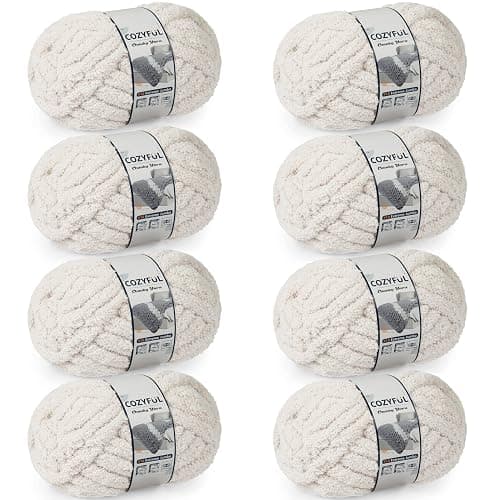 Cozyful Chunky Yarn for Hand Knitting - #10 Chunky Chenille Yarn, Jumbo Big Thick Chunky Yarns for Crocheting, Super Bulky Chunky Knit Blanket Yarns, 8 Skein (25 yds 8 oz Each Skein), Beige White - Image 1