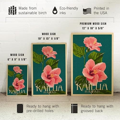 Lantern Press 6x9 Inch Wood Sign, Ready to Hang Wall Decor, Kailua, Hawaii, Pink Hibiscus, Letterpress thumbnail 3