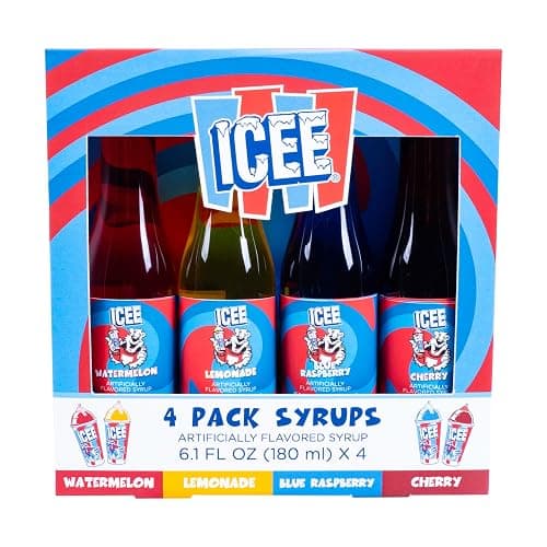 ICEE 4 Pack Slushie Syrups. Genuine ICEE Shaved Ice Snow Cone Syrup including Watermelon, Lemonade, Blue Raspberry & Cherry Flavors. 4 x 6.1floz. Perfect For Snow Cones, Slushies, Sodas & Ice Pops. - Image 1