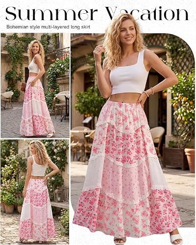Cutecrop Women Patchwork Floral Maxi Skirt 2026 Summer Boho Flowy Long Skirt Casual Vacation Elastic Waist Tiered Ruffle Lace thumbnail 3