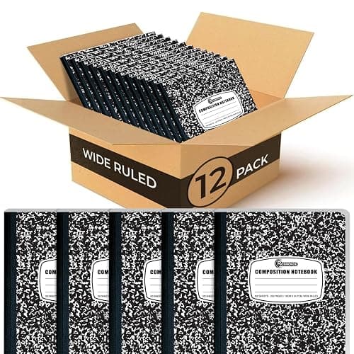 Rosmonde 12 Pack Composition Notebook Wide Ruled Bulk, 200 Pages (100 Sheets), 9-3/4 x 7-1/2", Hard Cover Wide Ruled Notebook Bulk, Black Marble Composition Notebooks, Bulk School Notebooks - Image 1
