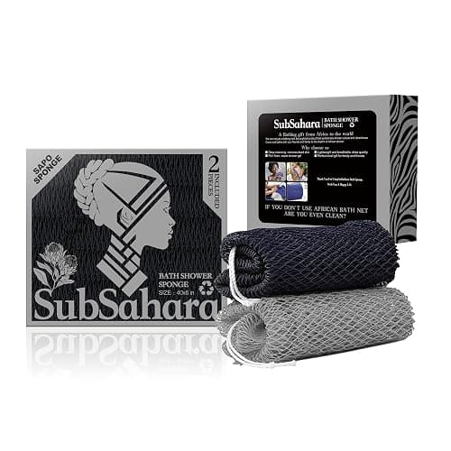 SubSahara Authentic African Net Sponge - 2 Pieces Exfoliating Scrubber for All Skin Types, Bath Sponge for Face & Body, Travel Portable, Durable, Gentle Exfoliation (Black & Grey) - Image 1