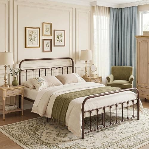 VECELO Queen Size Victorian Style Metal Bed Frame with Headboard Classic Metal Platform Bed Frame Mattress Foundation with Victorian Style Footboard/Under Bed Storage/No Box Spring Aple thumbnail 3