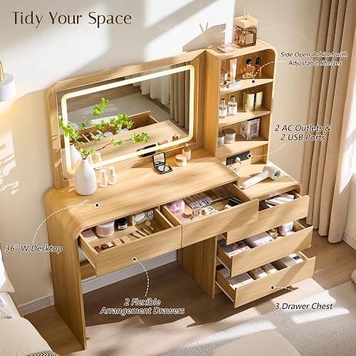 wow97e 50" Makeup Vanity Desk with 35.43" Mirror and Lights, Large 5 Drawers Makeup Table with Adjustable Shelves and Charging Station, 3 Lighting Modes for Women and Girls, Bedroom or Dorm, Natural thumbnail 3