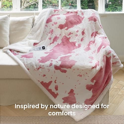 blunique Cow Print Heated Throw Blanket Electric Blanket-Heating Blanket Throw with 10 Heat Levels & 10 Hours Auto-Off, Cozy Soft Fleece Sherpa, Washable, 50 x 60 Inches Cow Print Pink thumbnail 2